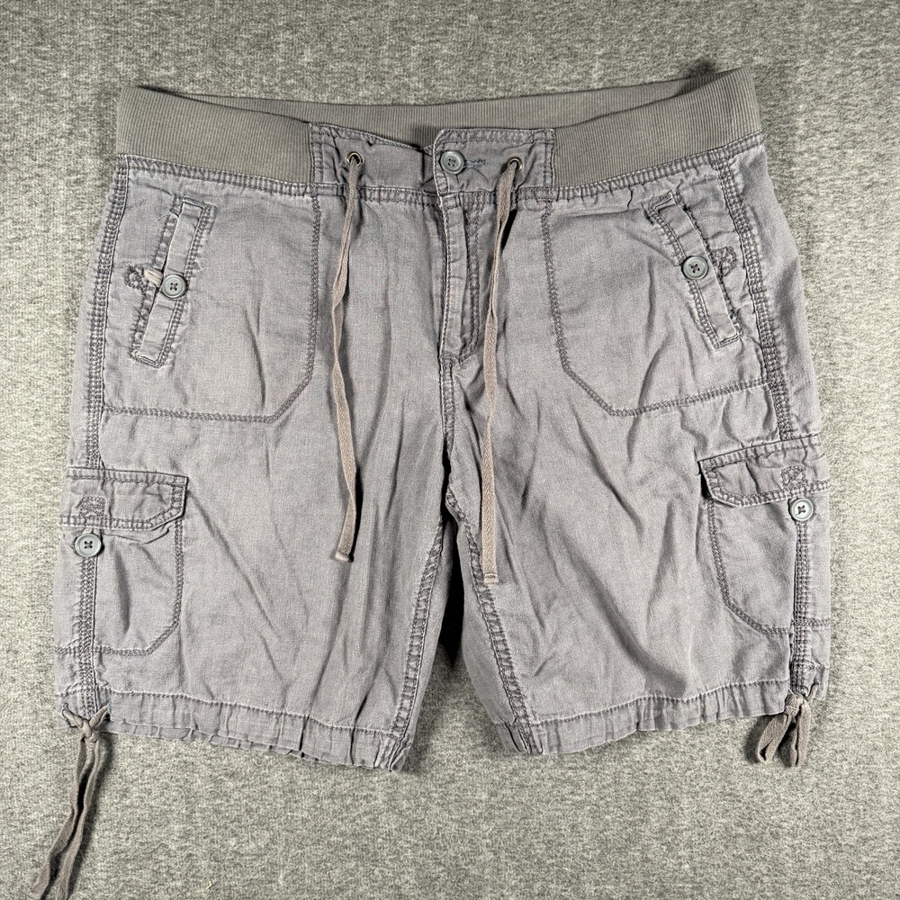 Y2K Faded Glory Womens 14 Gray Linen Blend Cargo Shorts Ribbed Waist BoHo VTG